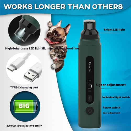 Electric Dog Nail Grinder – Quiet Rechargeable Pet Nail Trimmer with LED
